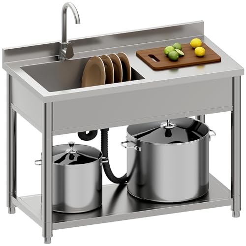 Stainless Steel Utility Sink, Large Freestanding Laundry Sink with Pull-out Faucet for Kitchen, Bathroom, Laundry Room, Garage, Outdoor/Indoor Use