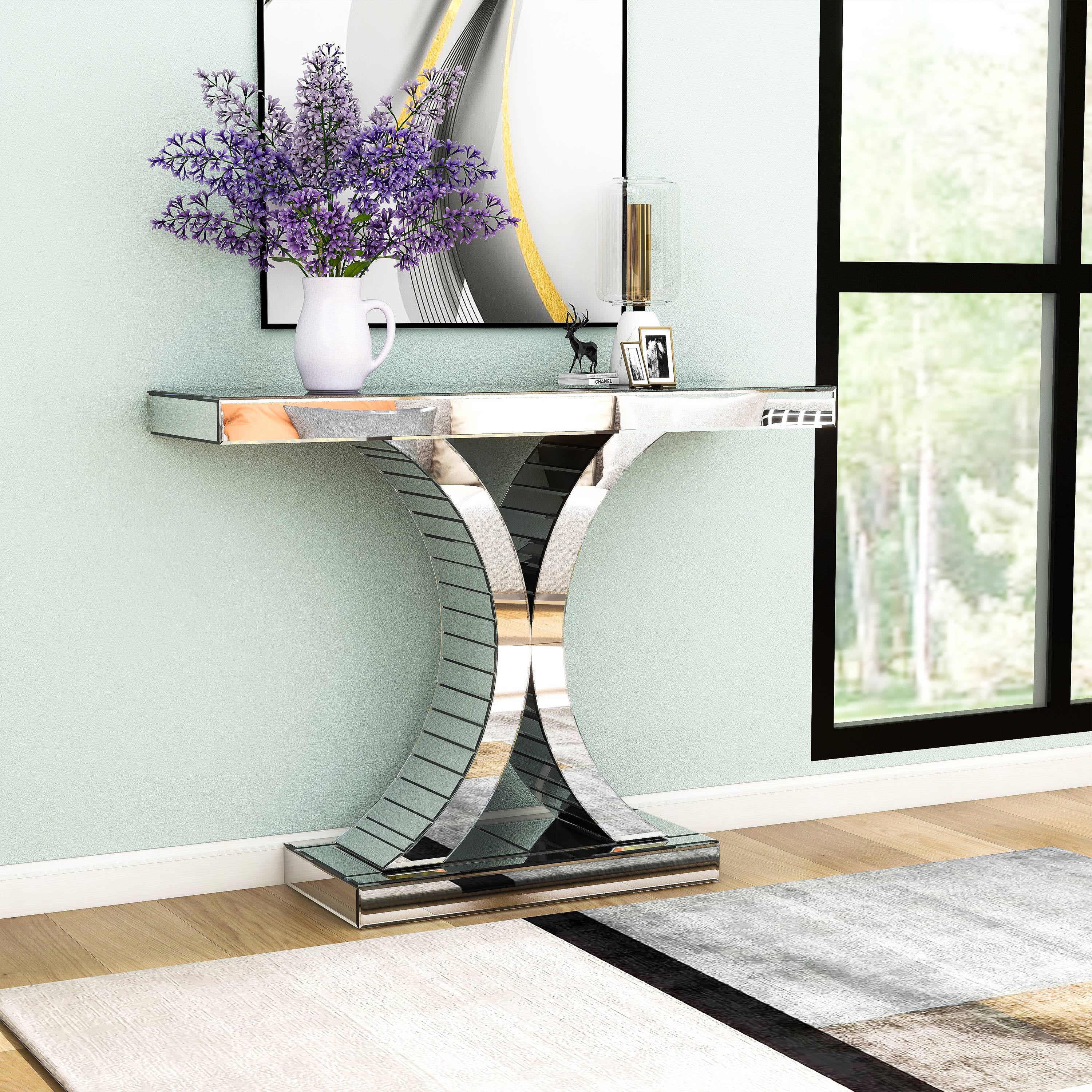 Modern Mirrored Console Table Glass Accent Table X-Cross Sofa Table Entryway Table for Hallway Living Room Bedroom