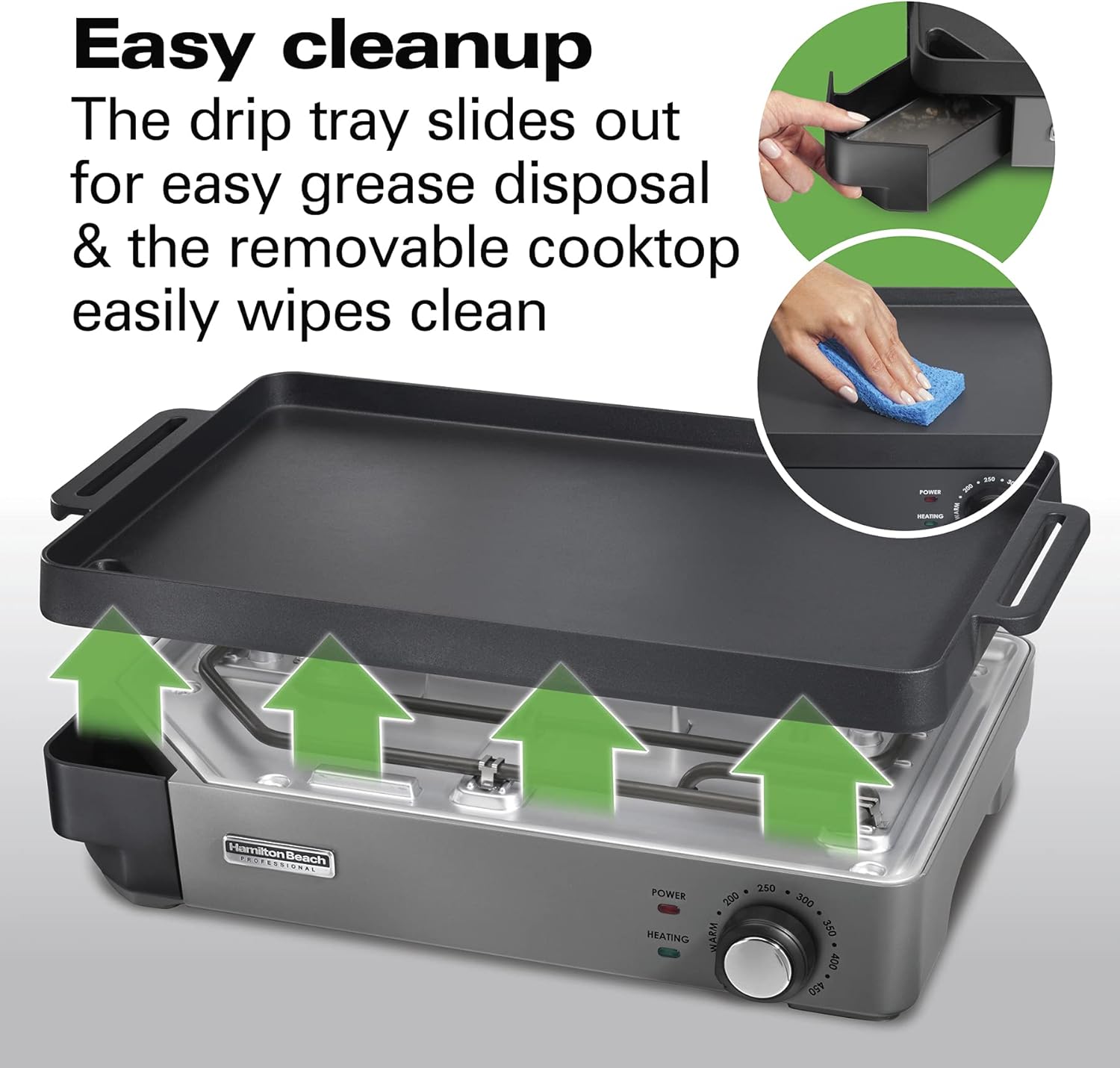 Hamilton Beach Professional Cast Iron Indoor Electric Grill & Griddle, 10" x 16" Preseasoned Cooking Surface, Adjustable Temperature up to 450° F