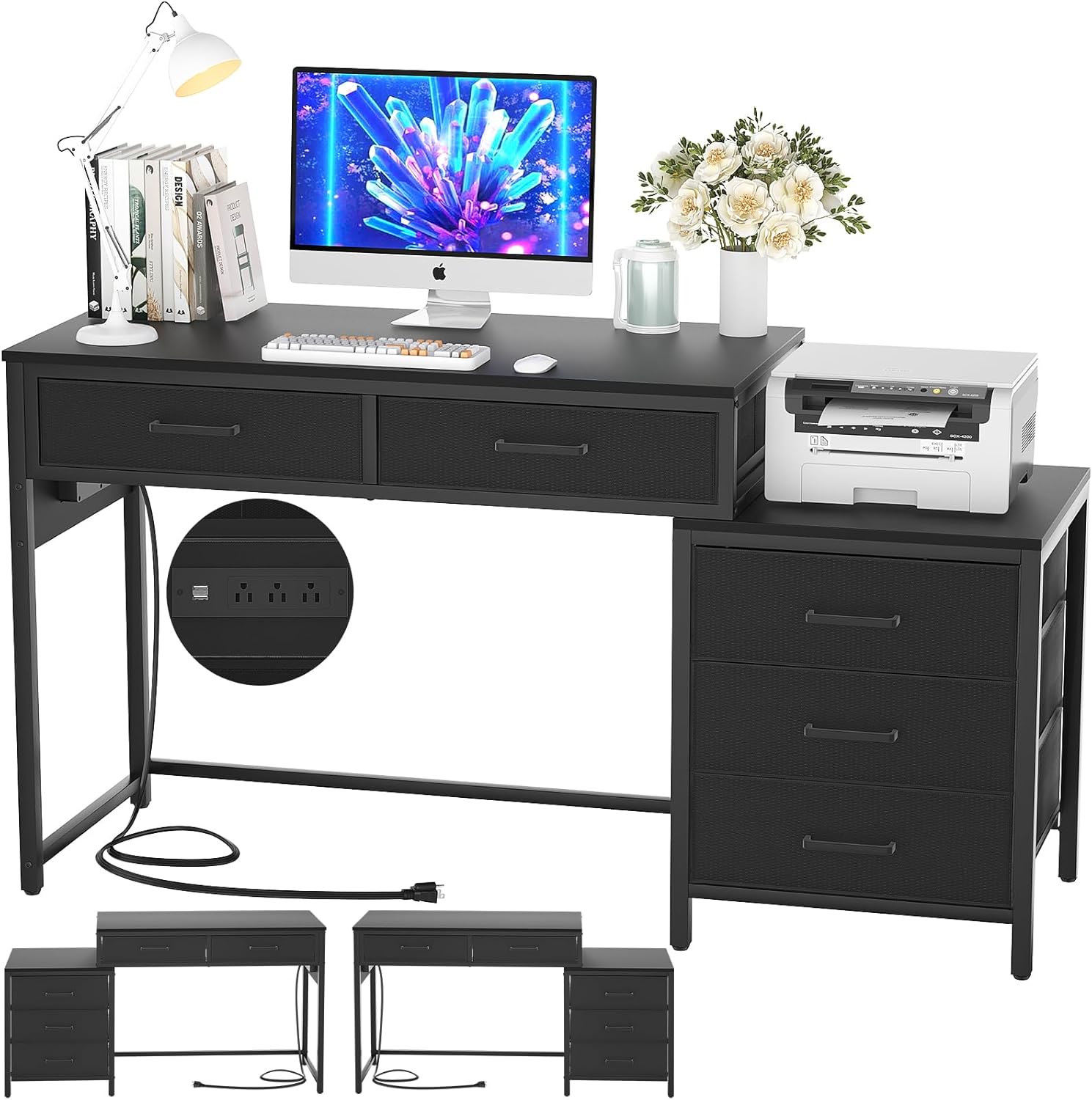 Computer Desk with 5 Drawers, Reversible Office Desk with Power Outlets and USB Charging Ports