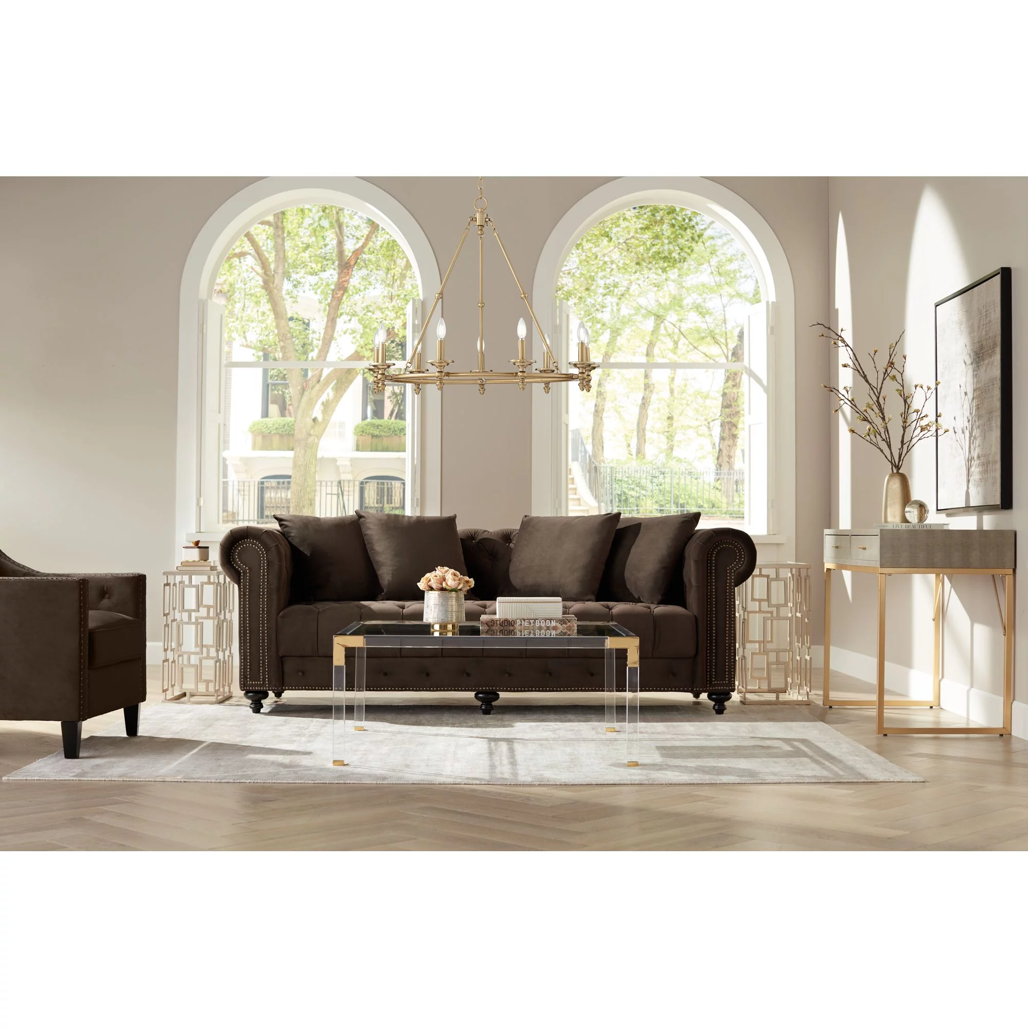 55 Downing Street Hanna Modern Cast Acrylic Square Coffee Table 40" Wide Clear Gold Tempered Glass Tabletop for Living Room Bedroom Bedside Entryway