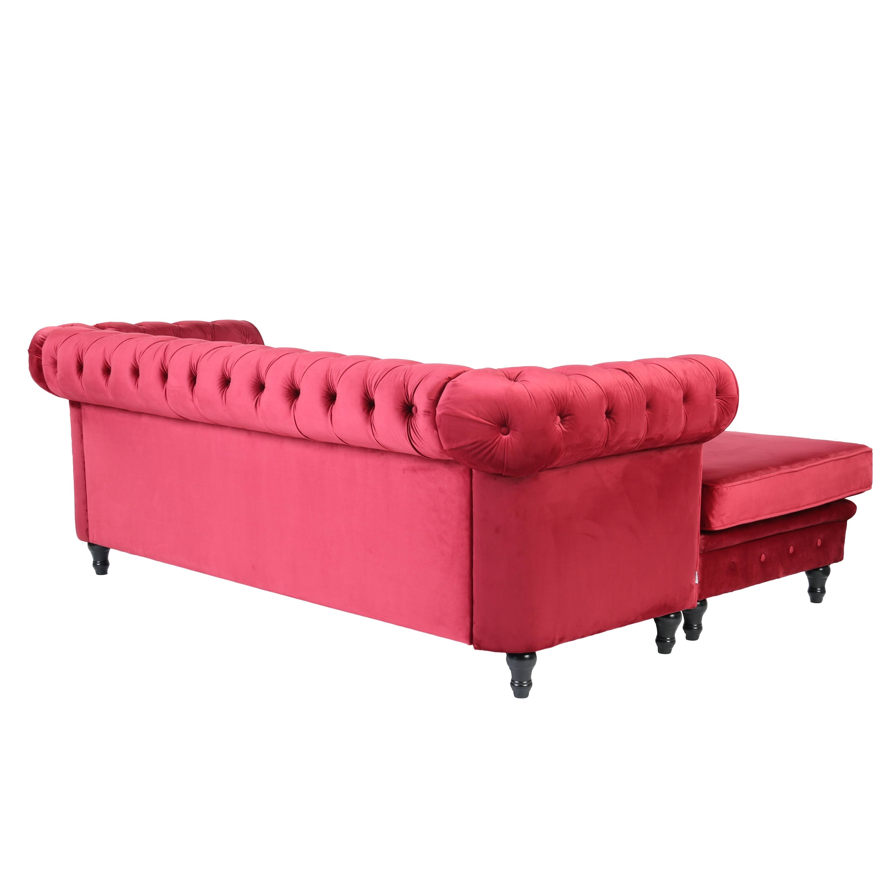 Velvet Chesterfield Rolled Arm Sofa with Ottoman Red