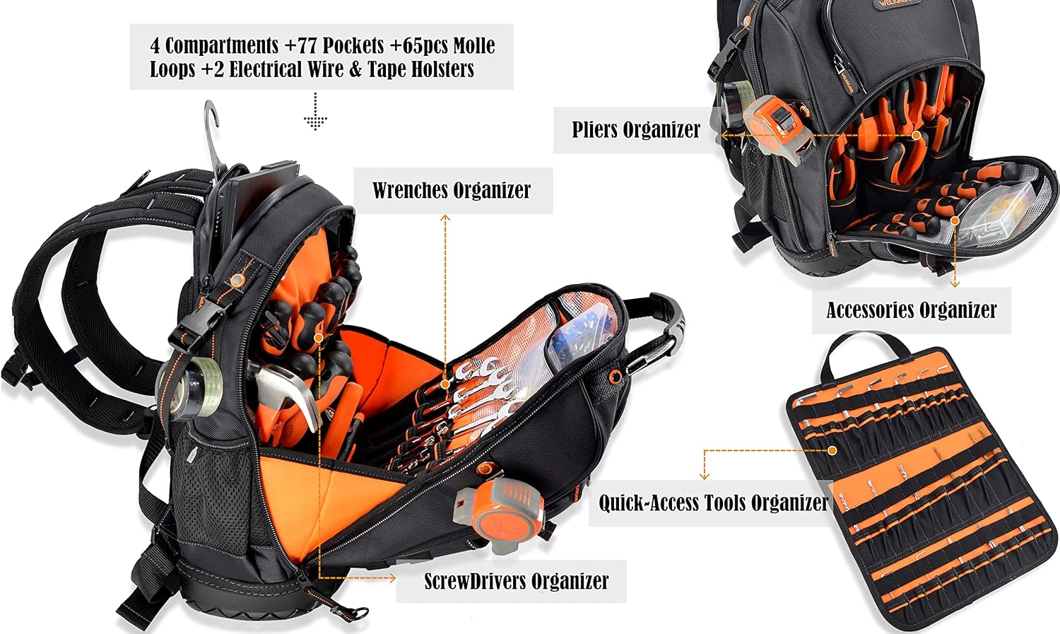 WELKINLAND 77-Pockets Tool backpack, Tool backpack for men, HVAC tool bag backpack, Electricians backpack tool bag, Large electrician backpack