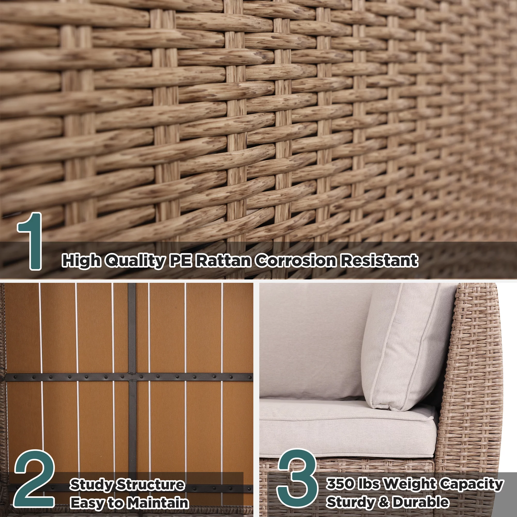 Homrest 7 Pcs Patio Furniture Set, Half-Round Rattan Outdoor Furniture with Cushion and Table, Khaki