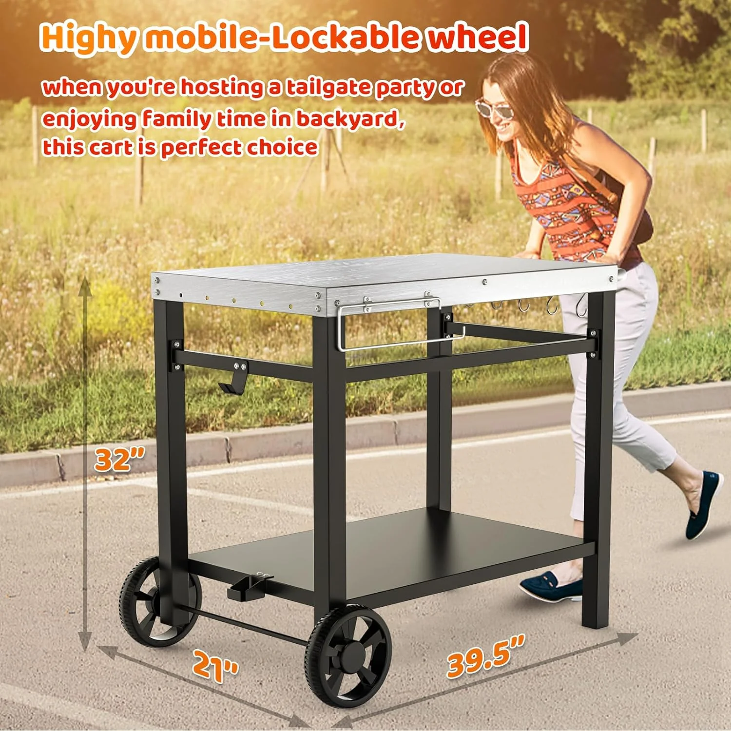 GRILL FORCE Outdoor Grill Cart Table,Movable Dining Cart Table, Pizza Oven Table Stand,Food Prep and Work Table Cart,BBQ Grill Carts with Wheels