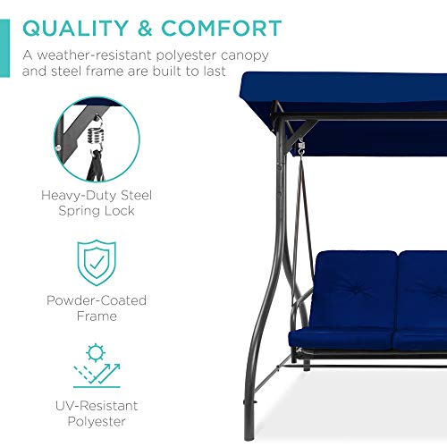 Best Choice Products 3-Seat Outdoor Large Converting Canopy Swing Glider, Patio Hammock Lounge Chair for Porch, Backyard w/Flatbed, Adjustable Shade