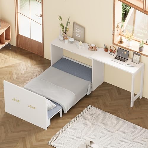 Twin Murphy Bed with Mattresses, Folding Cabinet Bed with Adjustable Position Desk