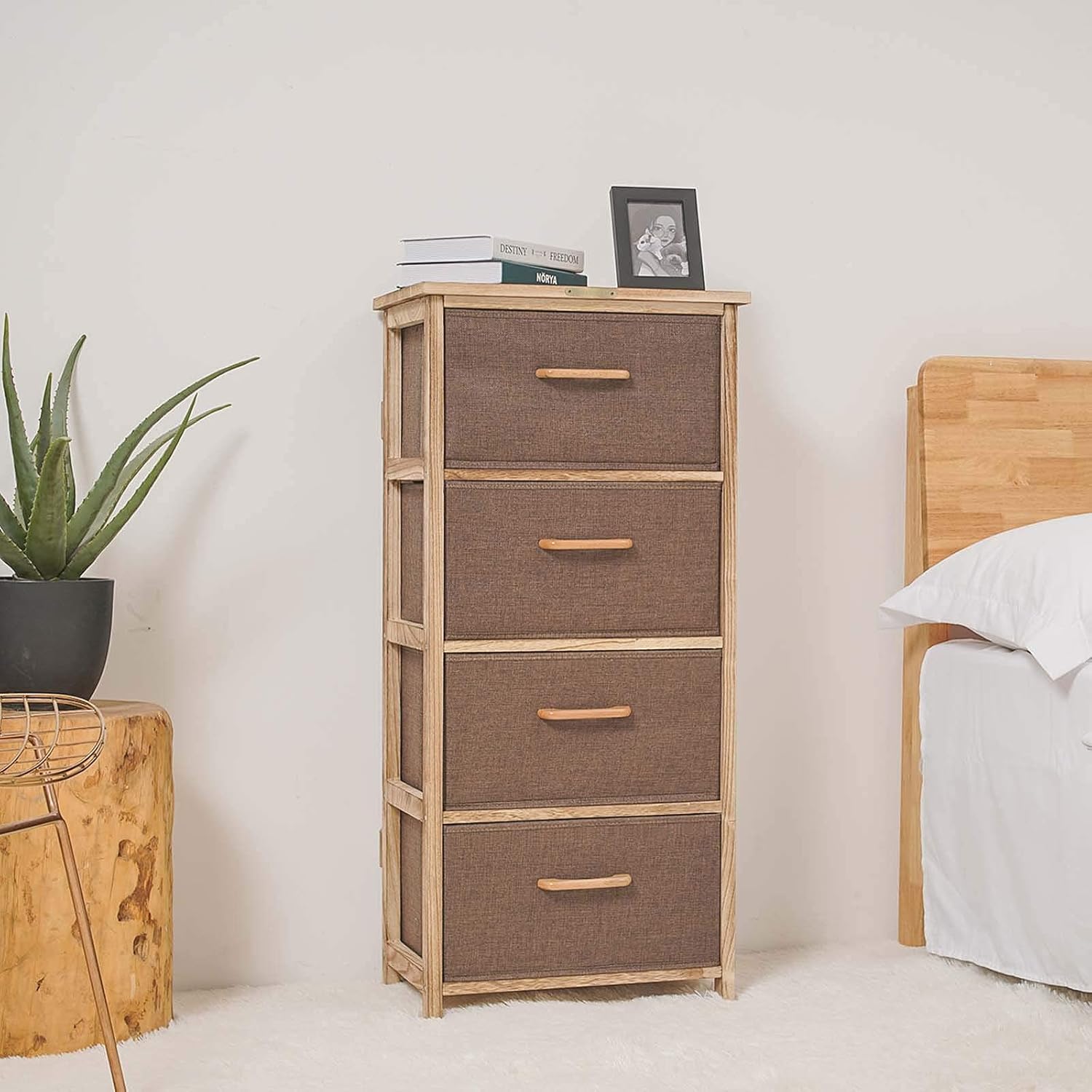 Wooden Dresser Storage Tower,Rustic Retro 4 Drawer Vertical Fabric Storage Unit for Bedroom, Hallway, Entryway, Closet,Nursery Room,Bathroom,Brown