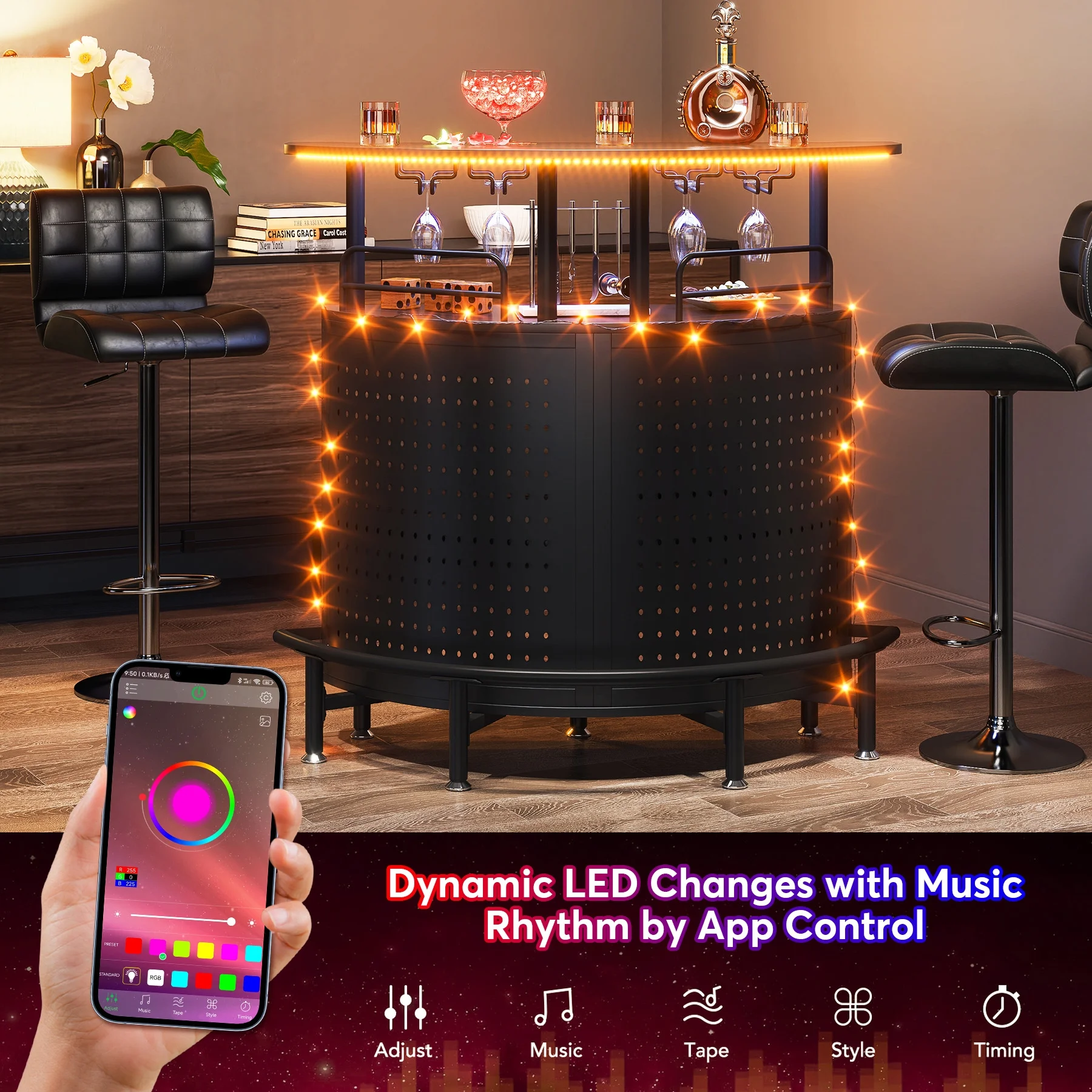 Tribesigns Smart Bar Unit with Led Lights 3-Tier Liquor Bar Table with Wine Glasses Holder and Storage Shelves Wine Bar