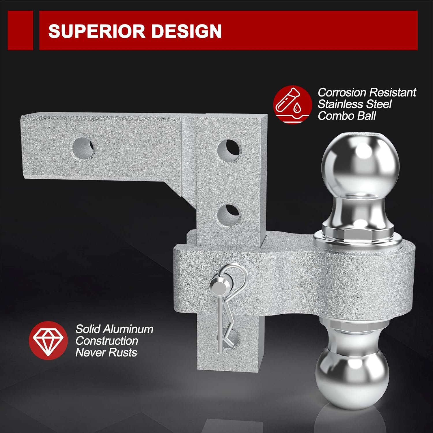 BUNKER INDUST Adjustable Trailer Hitch Fits 2" inch Receiver, Aluminum Rapid Hitch 6" Drop/Rise, 2-Inch and 2-5/16-Inch Hitch Dual Ball Mount 5
