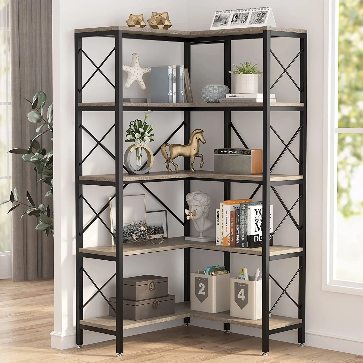 Tribesigns 5-Shelf Corner Bookshelf, Large Modern Corner Bookcase