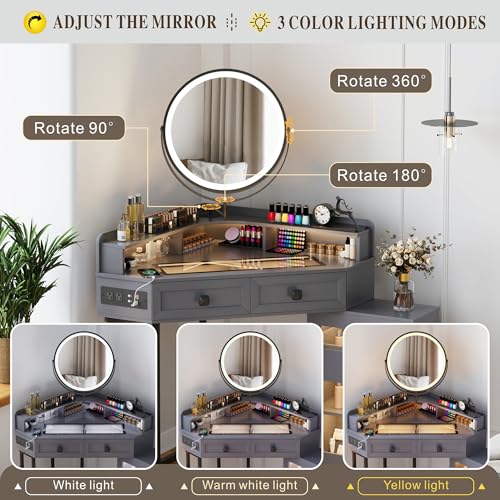 Corner Vanity Desk with Mirror and Lights, Modern Makeup Vanity with Charging Station & Human Sensor Light