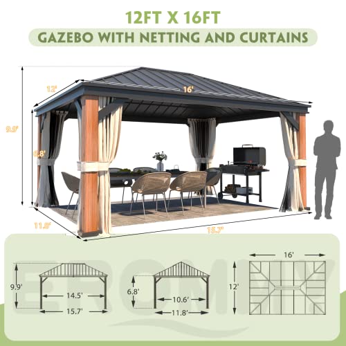 EROMMY 12'x20' Hardtop Gazebo Double Roof Galvanized Steel Canopy Outdoor Aluminum Frame Permanent Metal Pavilion with Netting and Curtains for Patio