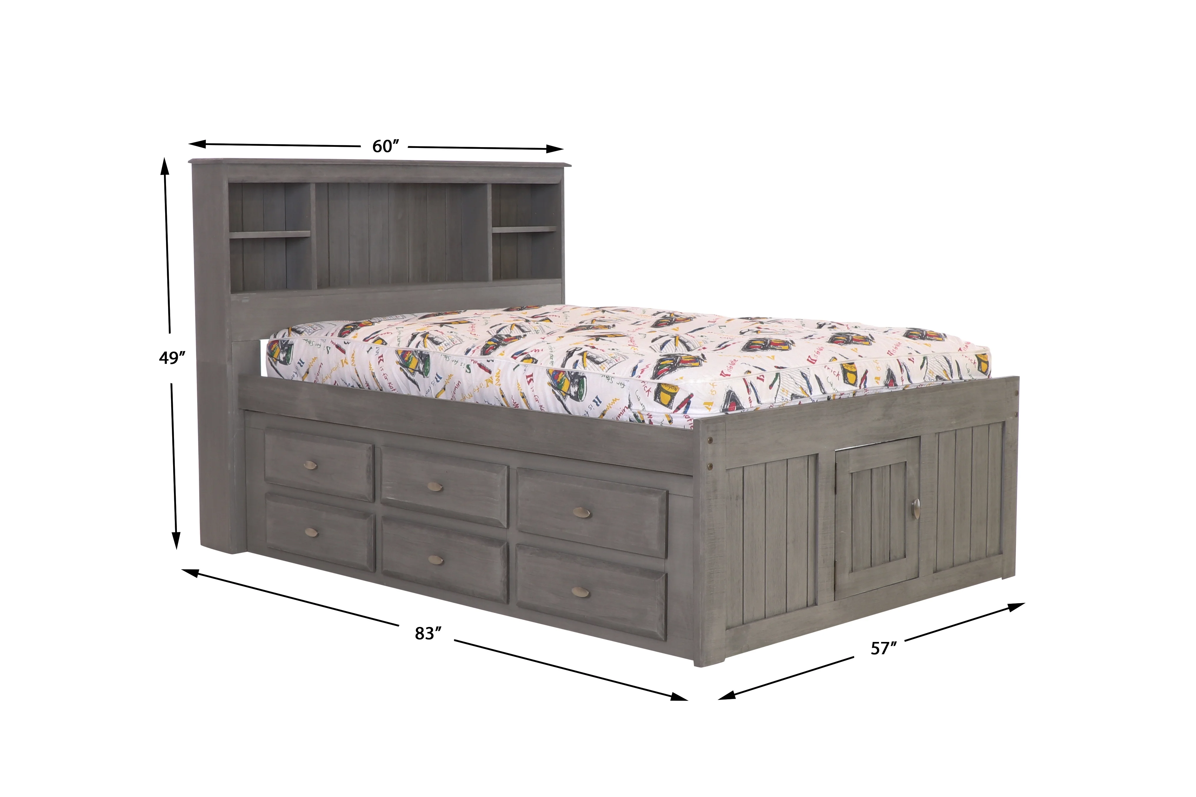 Discovery World Furniture - Full Size Bed Frame with Headboard Bookcase Captain Bed with 6 Drawers, Full Size Bed with Storage, Charcoal