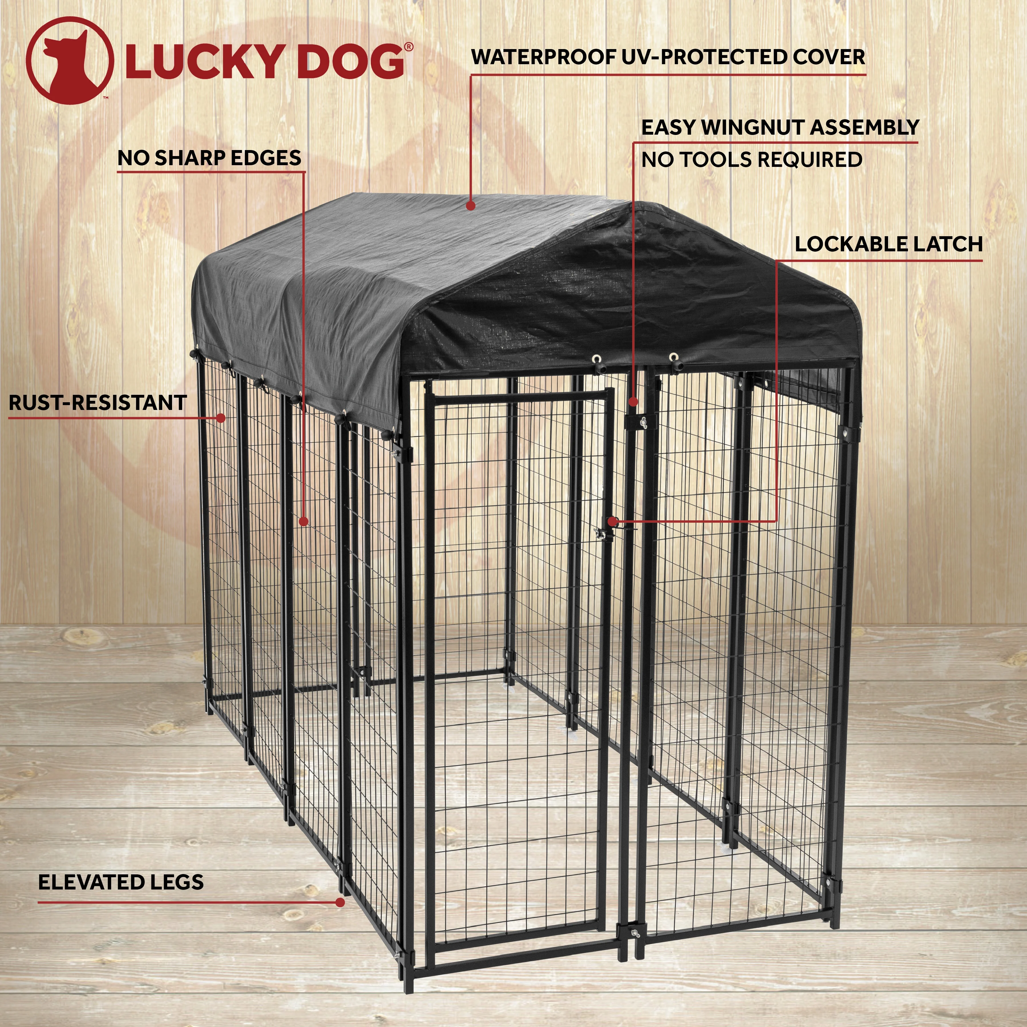 Lucky Dog 60548 8ft x 4ft x 6ft Uptown Welded Wire Outdoor Dog Kennel Playpen Crate with Heavy Duty UV-Resistant Waterproof Cover, Black