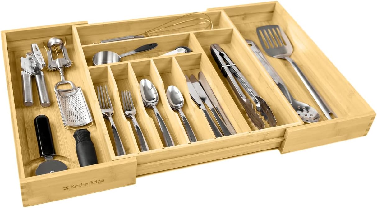 KitchenEdge Premium Silverware, Flatware and Utensil Organizer for Kitchen Drawers, Expandable to 28 Inches Wide, 10 Compartments