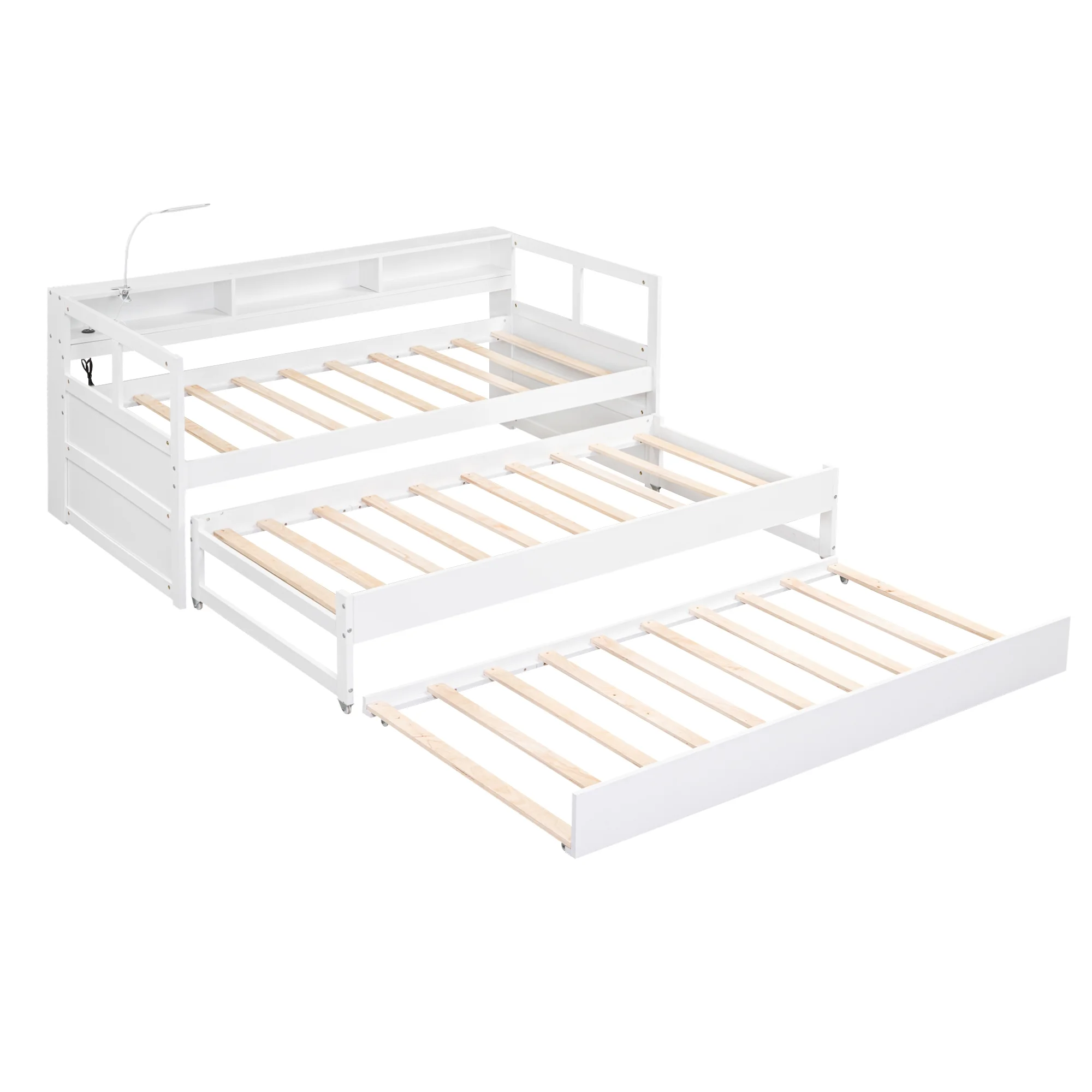 EUROCO Twin Platform Bed with Storage Shelf, Convertible Daybed with Night Light and USB Charging for Kids Teens Adults, 3 Beds in One, White