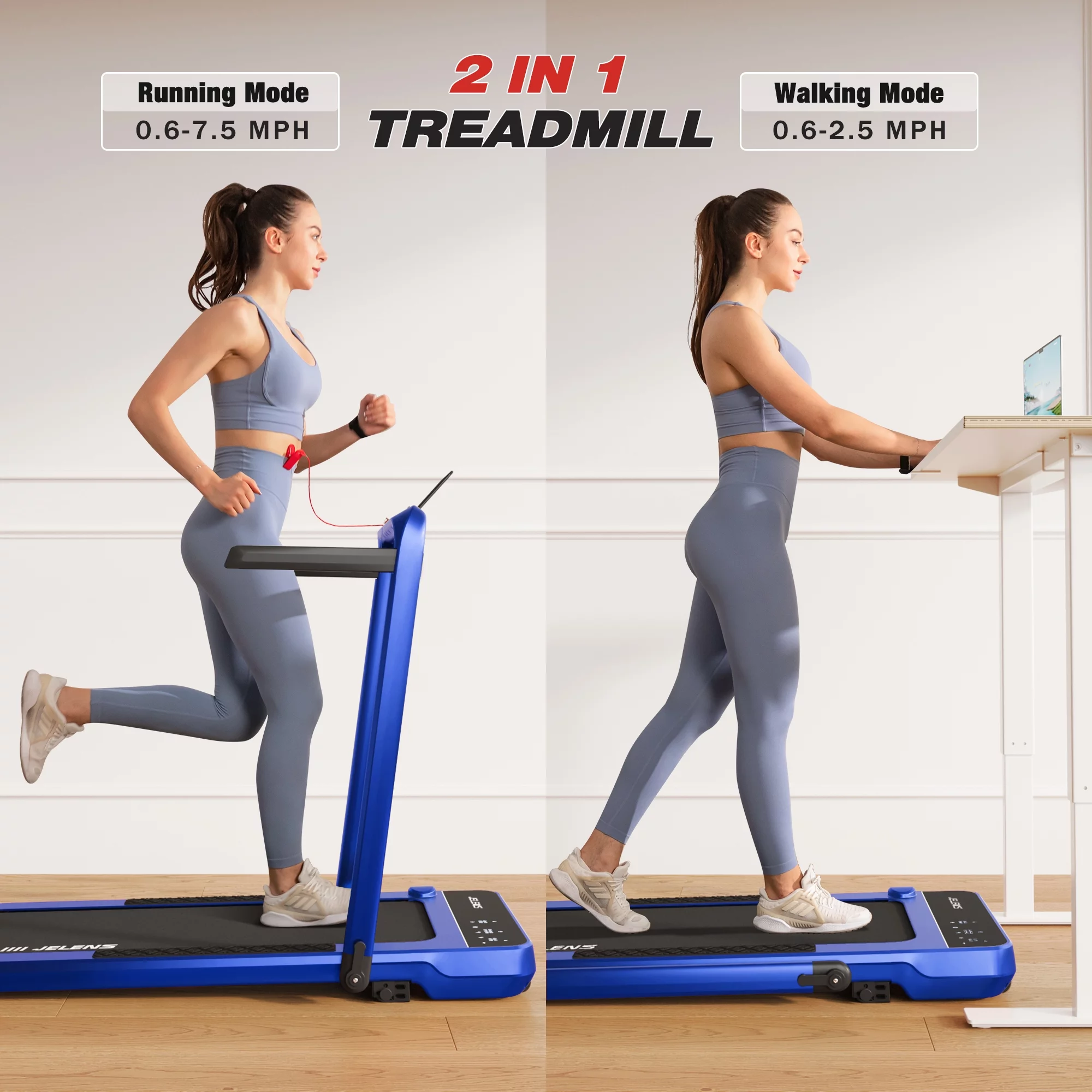 JELENS 2 in 1 Incline Treadmill Under Desk Walking Pad 2.5HP Home Folding Treadmills with Gesture Sensing Control
