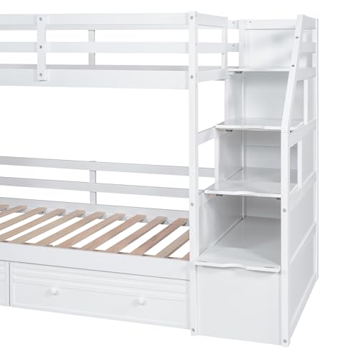 Harper & Bright Designs Bunk Beds Twin Over Full Size, Bunk Bed with Trundle,Storage Shelf and Stairway