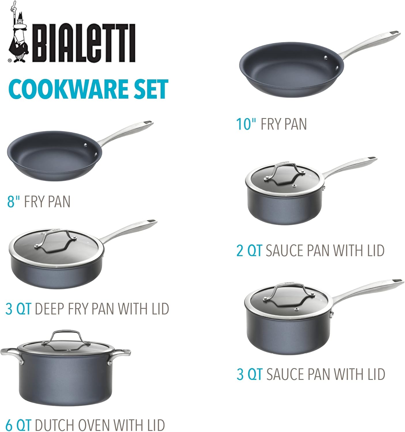 Bialetti Sapphire Hard Anodized Nonstick 10-Piece Oven-Safe Cookware Set, Gray - 10-Piece Set, Hard Anodized Aluminum