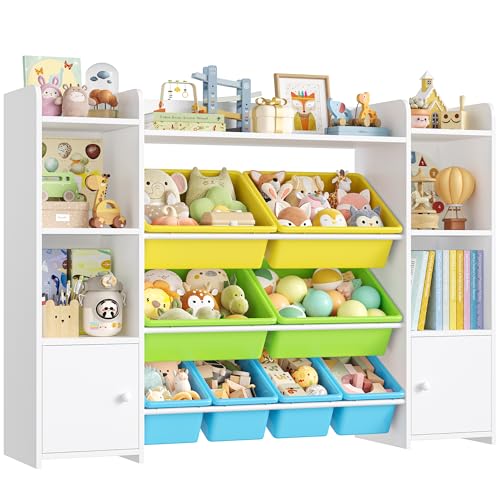 FOTOSOK 55''Large Toy Storage Organizer with 8 Toy Bins, Toy Organizers and Storage with Shelf and 6 Storage Cubbies, Bookshelf for Kids