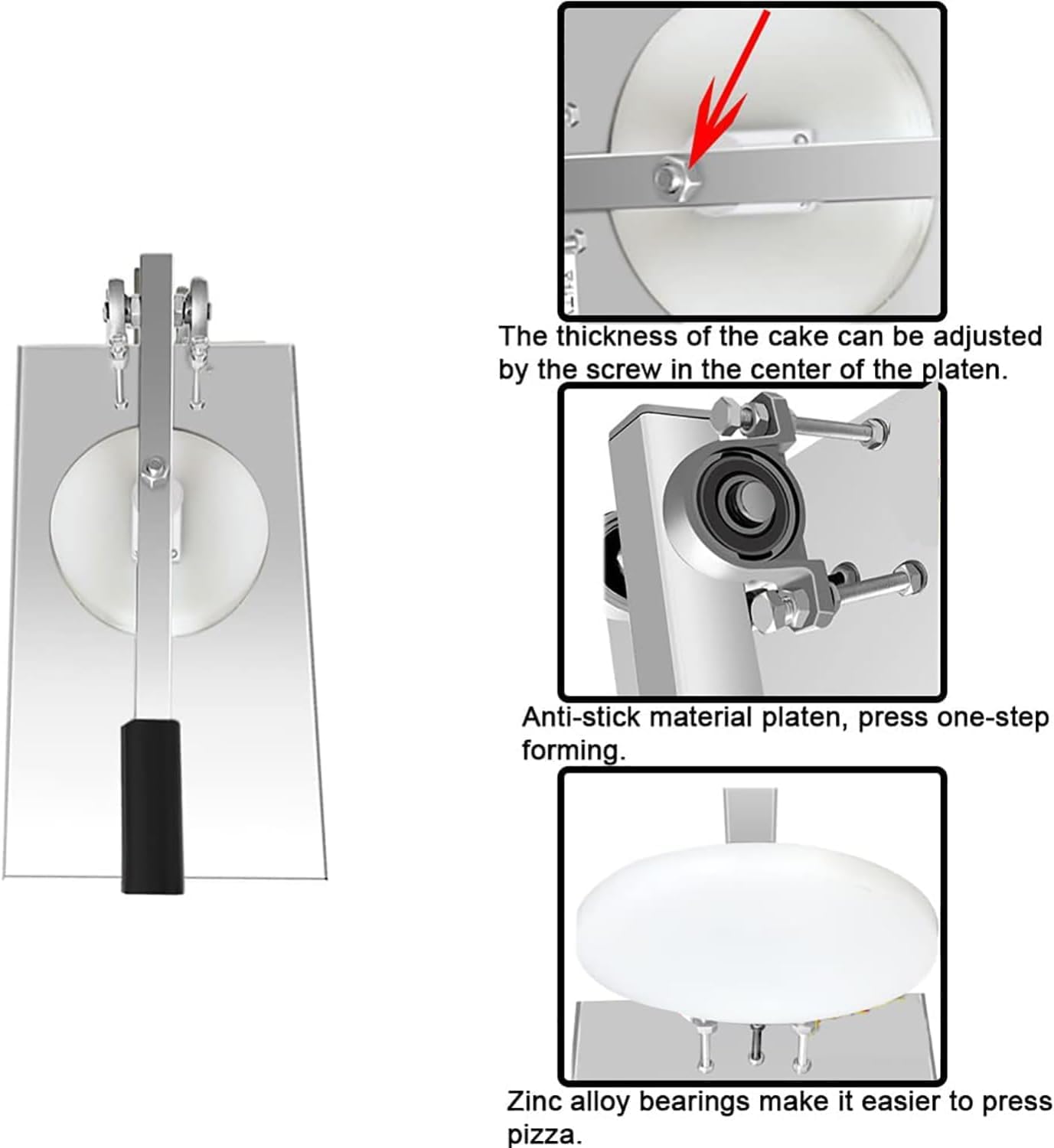 Manual Pizza Dough Press Machine, Stainless Steel Pastry Dough Maker, 12-24cm Non-Stick Pressure Plate, Adjustable Extension Arm Angle, for Cake