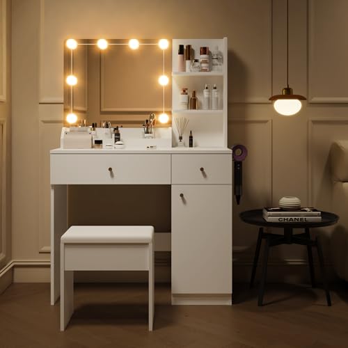 Vanity Desk with Mirror and Lights Dimmable LED Makeup Table with Drawers Side Cabinet 3 Storage Shelves Power Outlet Dressing Table Set Include
