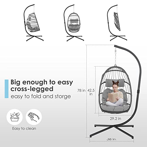 Brafab Hanging Egg Chair with Stand and Footrest, Wicker Egg Swing Chair Indoor Outdoor Aluminum-Steel Frame and UV Resistant Cushion