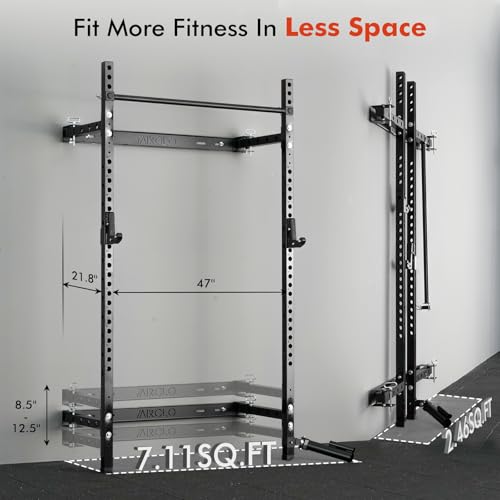 Mikolo 2" x 2" Folding Wall Mounted Squat Rack, 1000 Pounds Capacity Power Rack with Pull Up Bar, J Hooks and Other Attachments, Space-Saving Home Gym