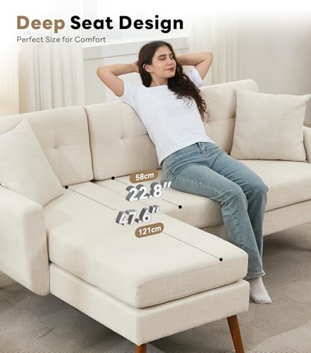 Tbfit L Shaped Couch Sofa, 80" W Mid-Century Modern Sectional Couches, 3 Seater Sofas with Wide Chaise Lounge & Two Pillows