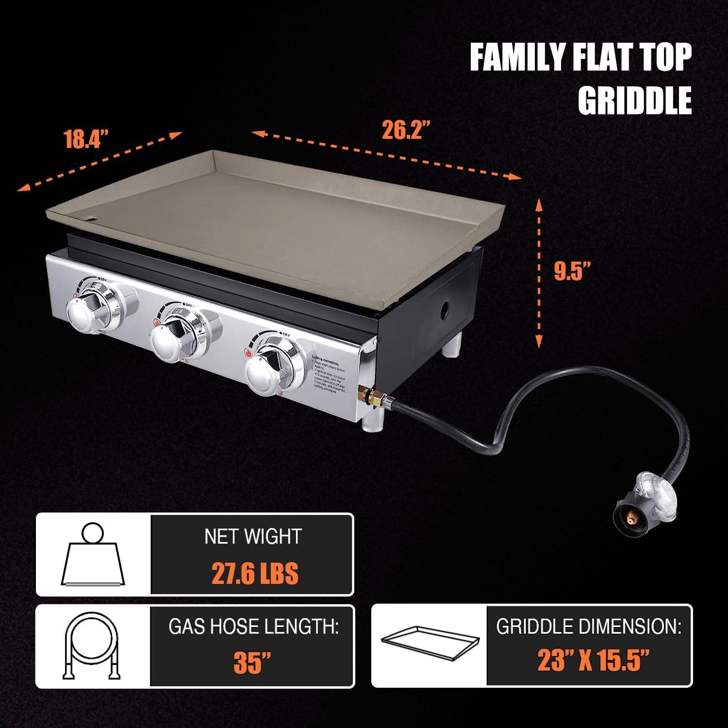 23in 3-Burner Propane Gas Griddle, 355 sq in, 25,500 BTU - For Outdoor, RV, Tailgating