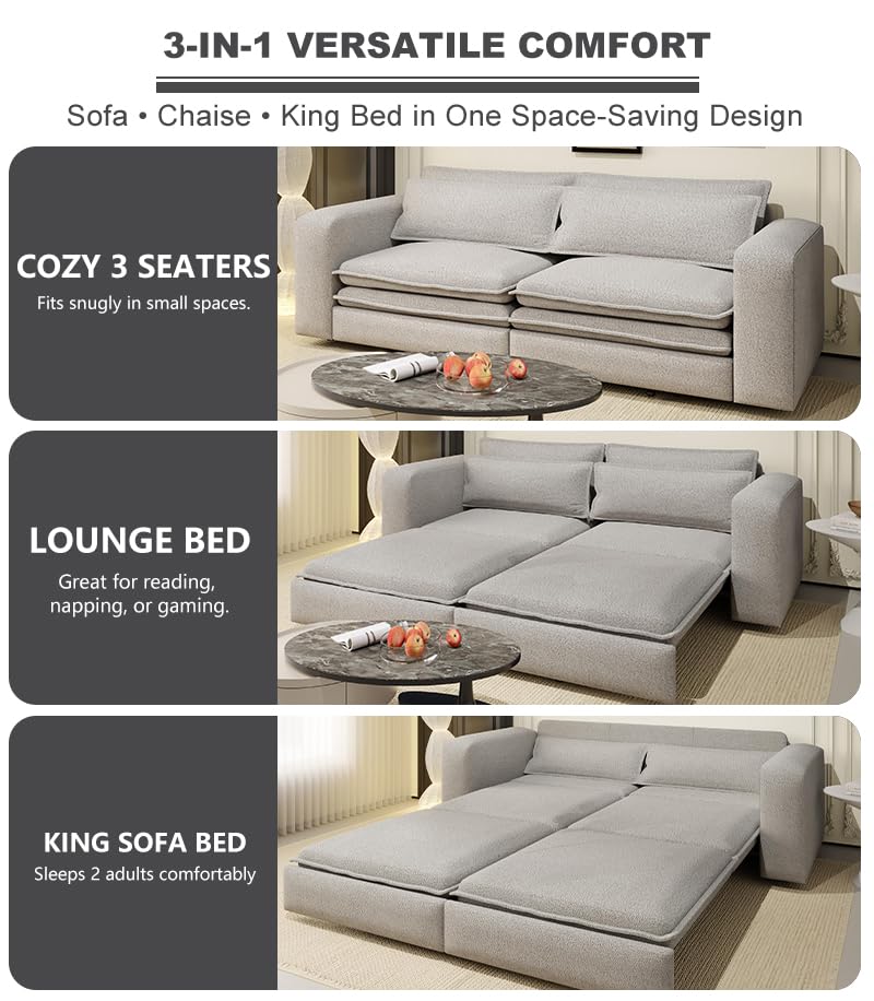 93" King Pull Out Sofa Bed, 3 in 1 Convertible Sleeper Sofa Couch, Comfy 3 Seater Sleeper Bed with 2 Pillows