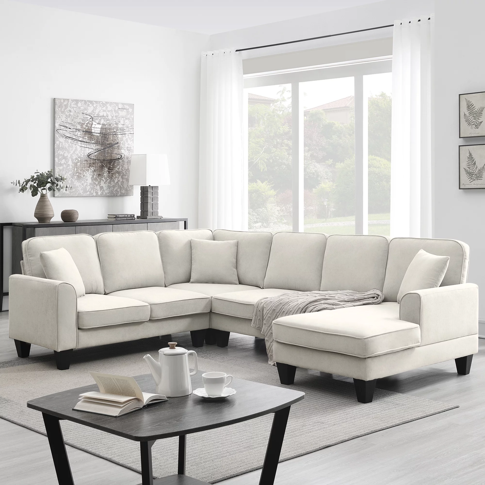 U-Shaped Sectional Couch with Chaise, Modern Upholstered Couch, 7-Seater Sectional Couch with 3 Pillows and Plastic Legs, Heavy Duty Sofa Furniture