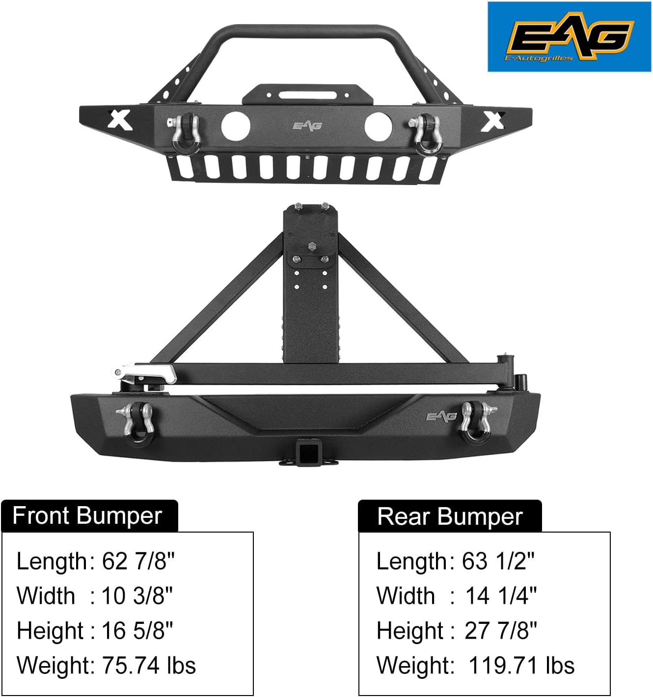 EAG Front Bumper and Rear Bumper Combo with Skid Plate & Tire Cattierfit for 07-18 Wrangler JK