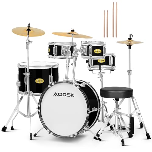 AODSK Kid Drum Sets 5-Piece for Beginners, 14 inch Full Size Complete Drum Kit with Adjustable Throne, Cymbal, Hi-Hat, Pedal & Drumstick, Black