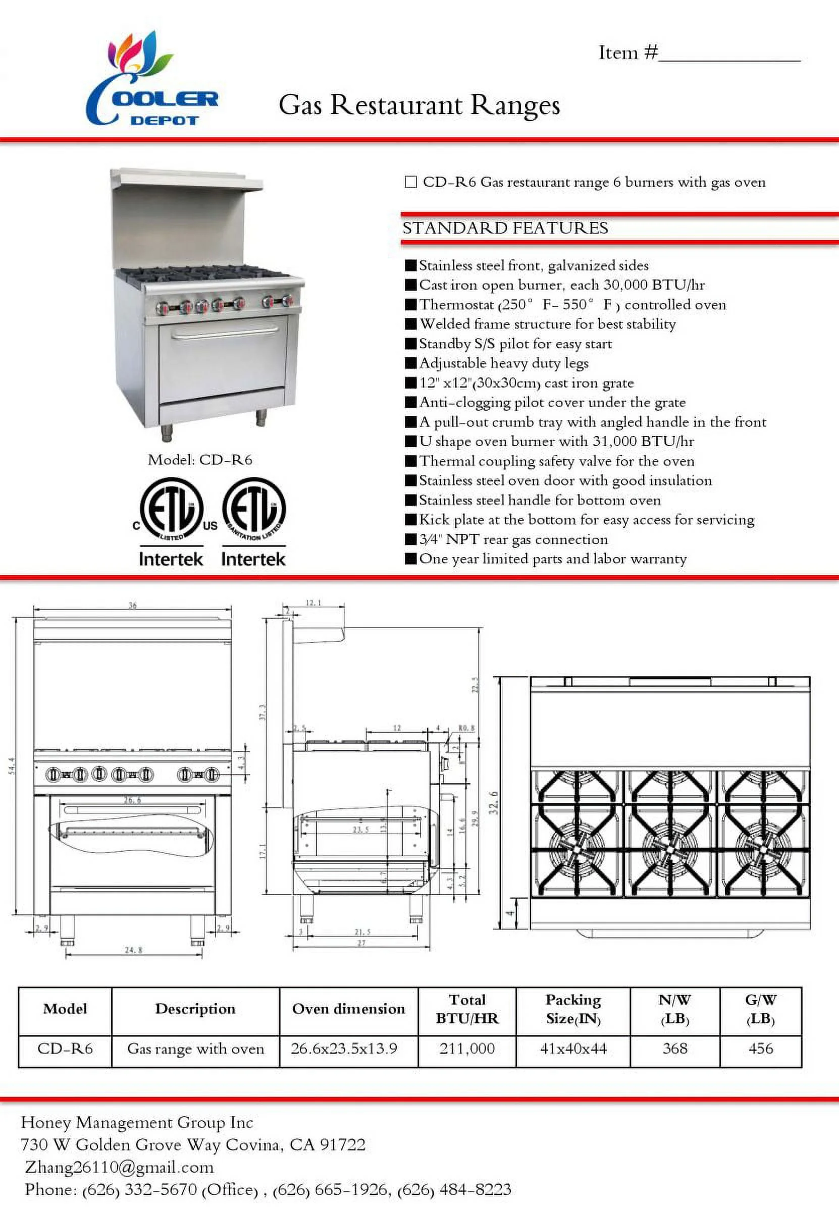 36" Width, 6 Burners, Commercial Range & Oven,  Natural Gas and Propane, NSF/ETL Certified, Thermostat