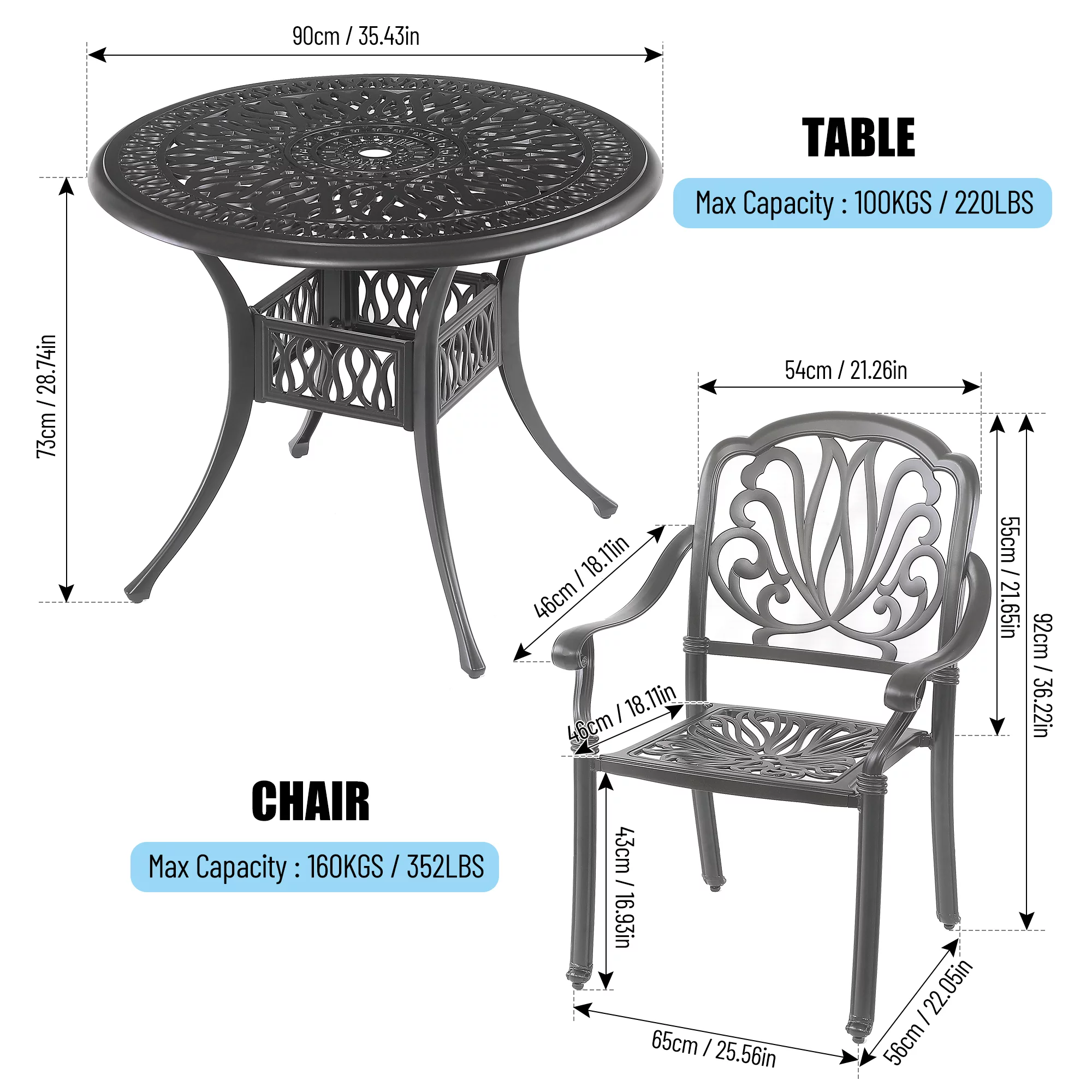 5Pcs Outdoor Furniture Dining Table Set All-Weather Cast Aluminum Patio Furniture Includes 1 Round Table and 4 Chairs with Umbrella Hole for Patio