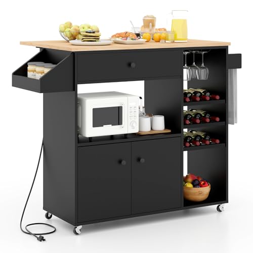 Giantex Rolling Kitchen Island Cart with Drop Leaf, Power Outlet, Spice Rack, 12 Wine Rack, Glass Holder, Drawer, Storage Cabinet, Towel Rack