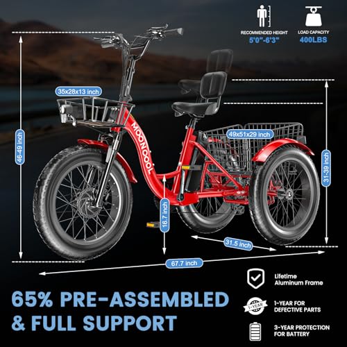MOONCOOL Electric Tricycle for Adults, 20" x 4" Fat Tire Electric Trike, 48V 500W Motorized Electric Bicycle Bikes