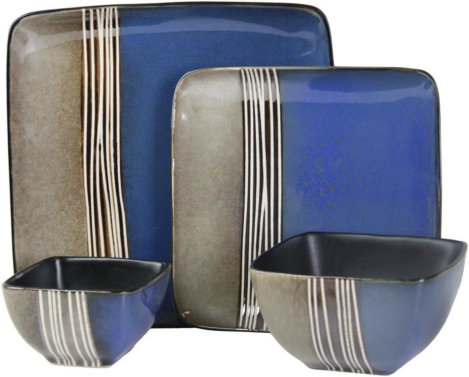 Square  Loft Collection Dinnerware Dish Set, 16 Piece, Blue And Tan With White Accents