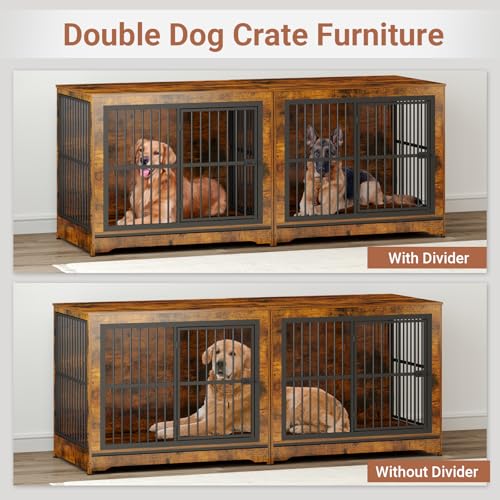 86 Inch Double Dog Crate Furniture with Divider, 4 Combination Forms Large Dog Kennel Furniture for 2 Dogs