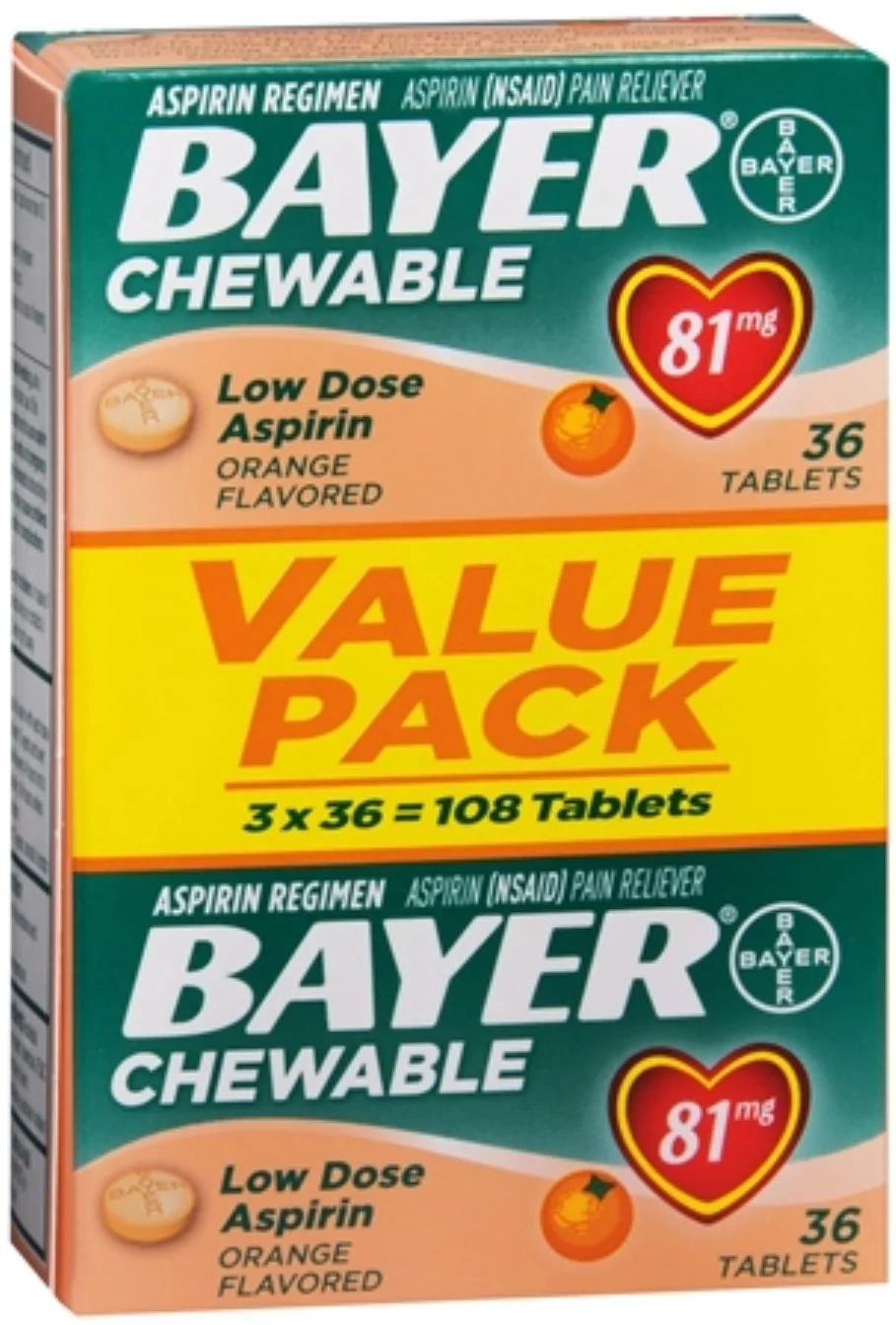 Bayer Chewable Low Dose 'Baby' Aspirin 81 mg Tablets Orange Value Pack 108 Tablets (Pack of 6) - Curated Treasures Market
