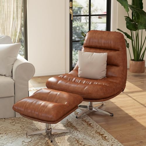 Modern Swivel Accent Chair with Ottoman Set, PU Leather Oversized Armless Reading Chair with Footrest