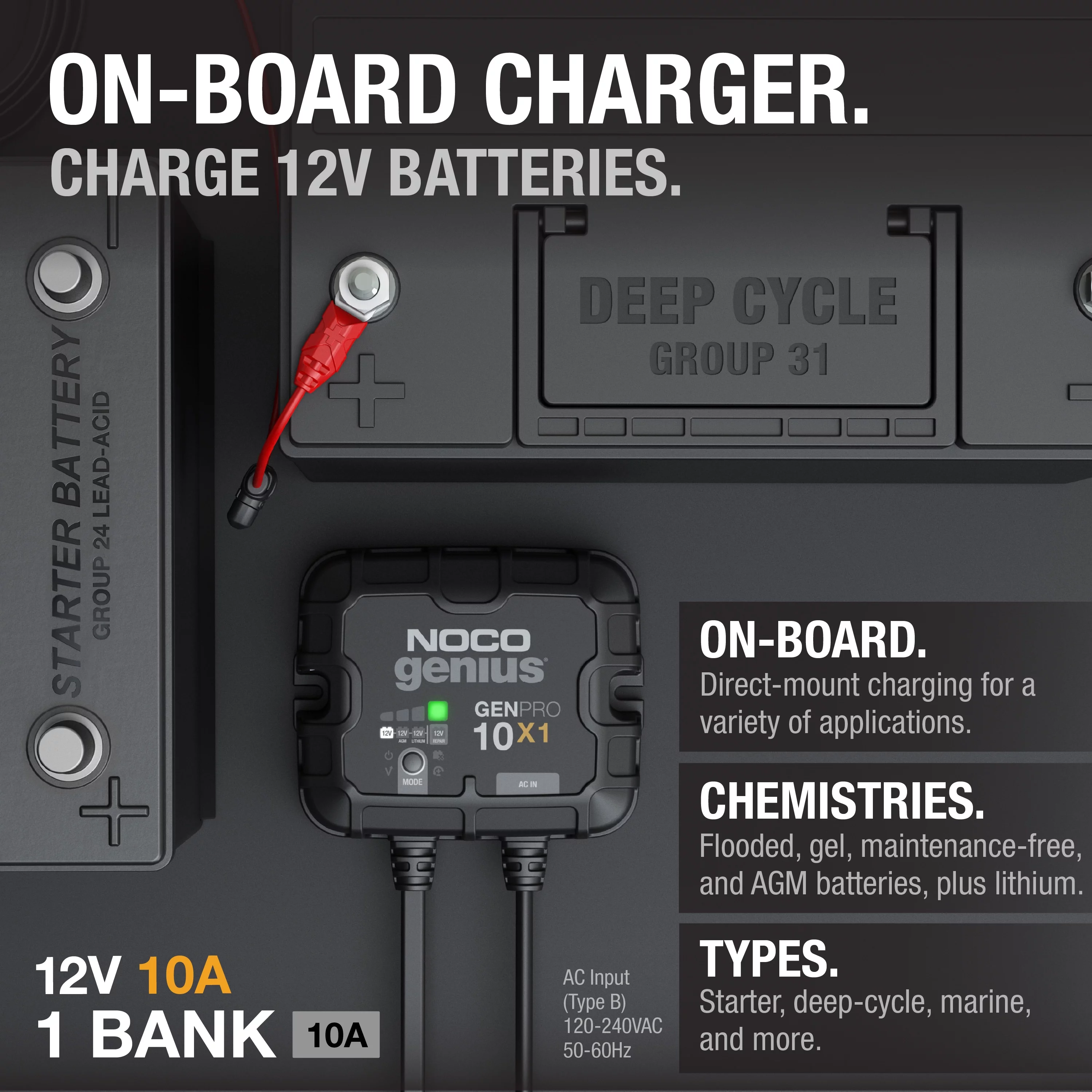 NOCO Genius GENPRO10X1 1-Bank 10A (10A/Bank) 12V Onboard Battery Charger