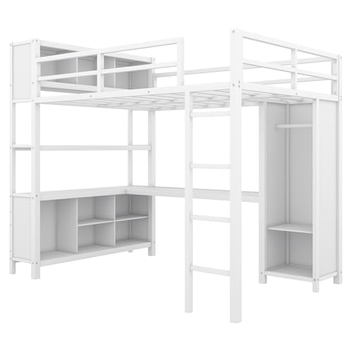 Bellamave Metal Loft Bed with Wardrobe and L-Shaped Desk, Full Size Loft Bed with Storage Cubes and Shelves, Heavy Duty LoftBed for Kids Teens Adults