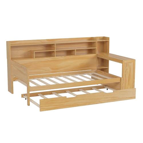 Corner Twin Bed Frame with Bookcase Storage and Desk, Wood Day Beds with 2 Drawers, Twin Size Daybed with Storage for Living Room
