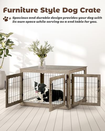 Dog Crate Furniture, 32 inch Medium Dog Crates with Bed Mat, Wooden Dog Kennel Furniture, End Side Table Dog Cage with 3 Doors, Greige