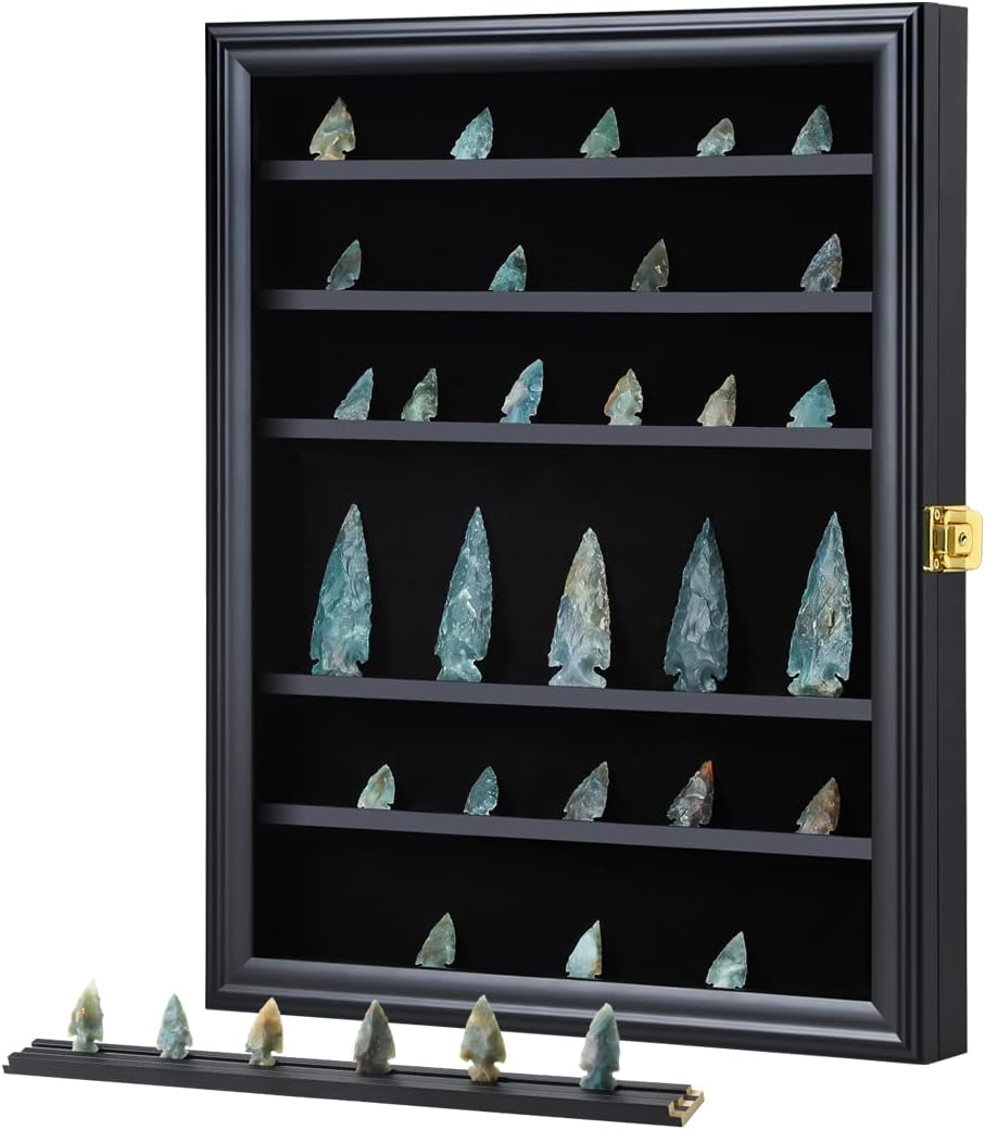 KCRasan Arrowhead Display Case Native American Arrowhead Shadow Box Wall Mount Arrowhead Collection Display Cabinet with Uv Protection for Agate Opal