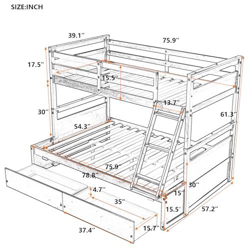 Ball & Cast Twin-Over-Twin Bunk Bed with Twin-Size Trundle and 3 Storage Stairs,Wood Bunkbed w/Full-Length Guardrails,Slat Support