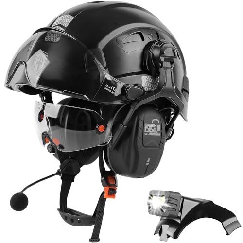 GREEN DEVIL Hard Hat Safety Helmet with Visor Bluetooth Ear Muffs and Headlamp 5 in 1 Full Protection Vented Work Hardhat ANSI Z89.1 Cascos De